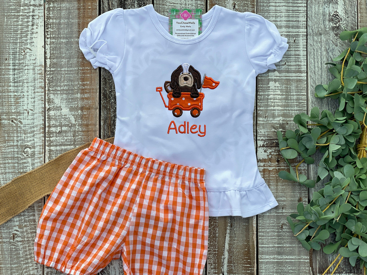 Custom Embroidered, Monogrammed, Personalized Game Day Hound with Football Applique Shirt and Orange Gingham Short Set