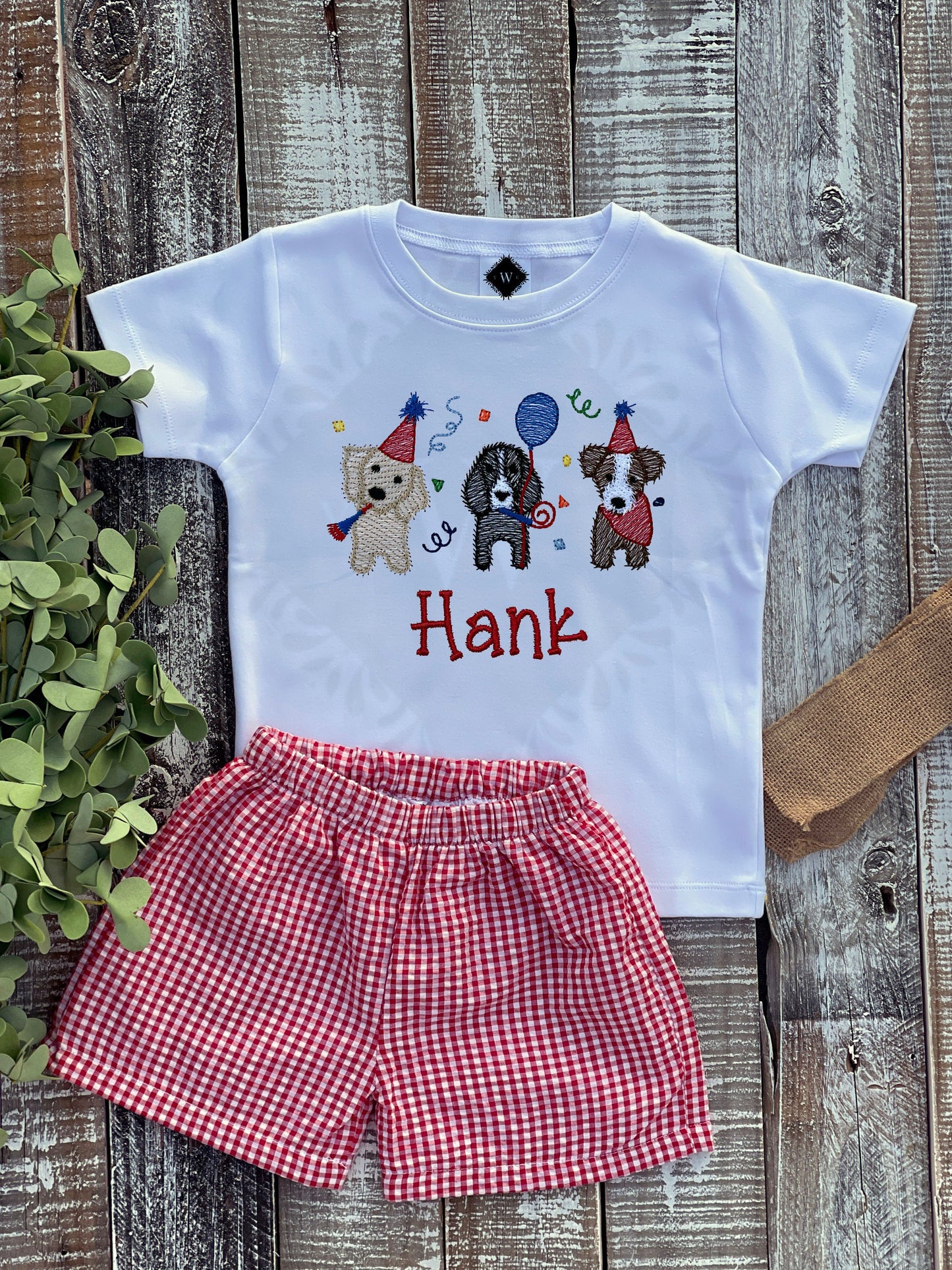 Personalized Boy Birthday Outfit, Custom Birthday Shirt and Short Set, Birthday Puppy Shirt, Baby Boy, Navy, Red, Blue Gingham Short Set