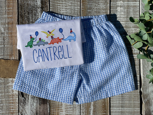 Personalized Boy Birthday Outfit, Custom Birthday Shirt and Short Set, Birthday Dinosaur Shirt, Baby Boy, Navy, Red, Blue Gingham Short Set