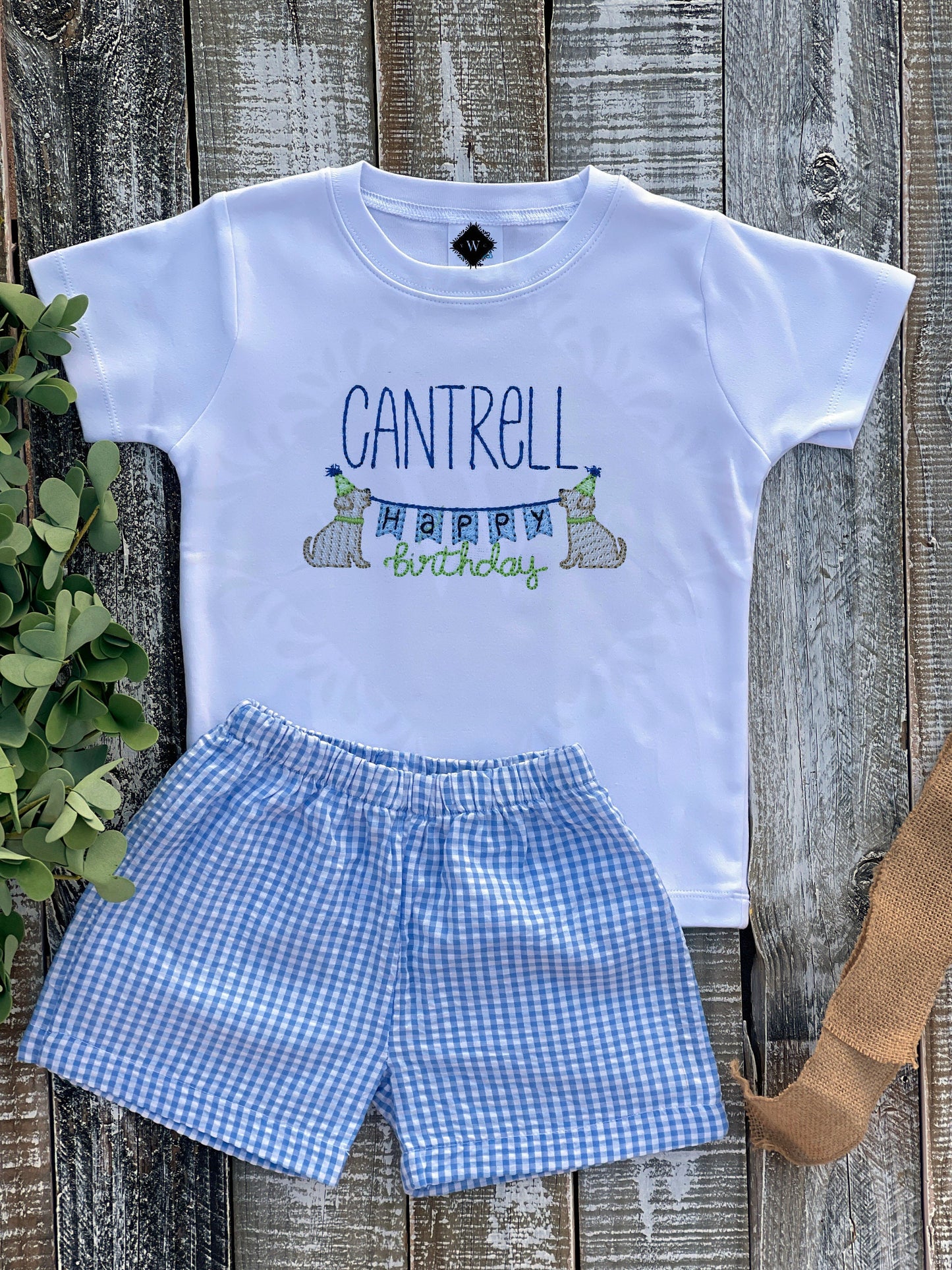 Personalized Boy Birthday Outfit, Custom Birthday Shirt and Short Set, Birthday Puppy Frame Shirt, Baby Boy, Navy, Blue Gingham Short Set