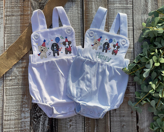Custom Embroidered, Personalized Birthday Puppy Trio Blue and White Bubble