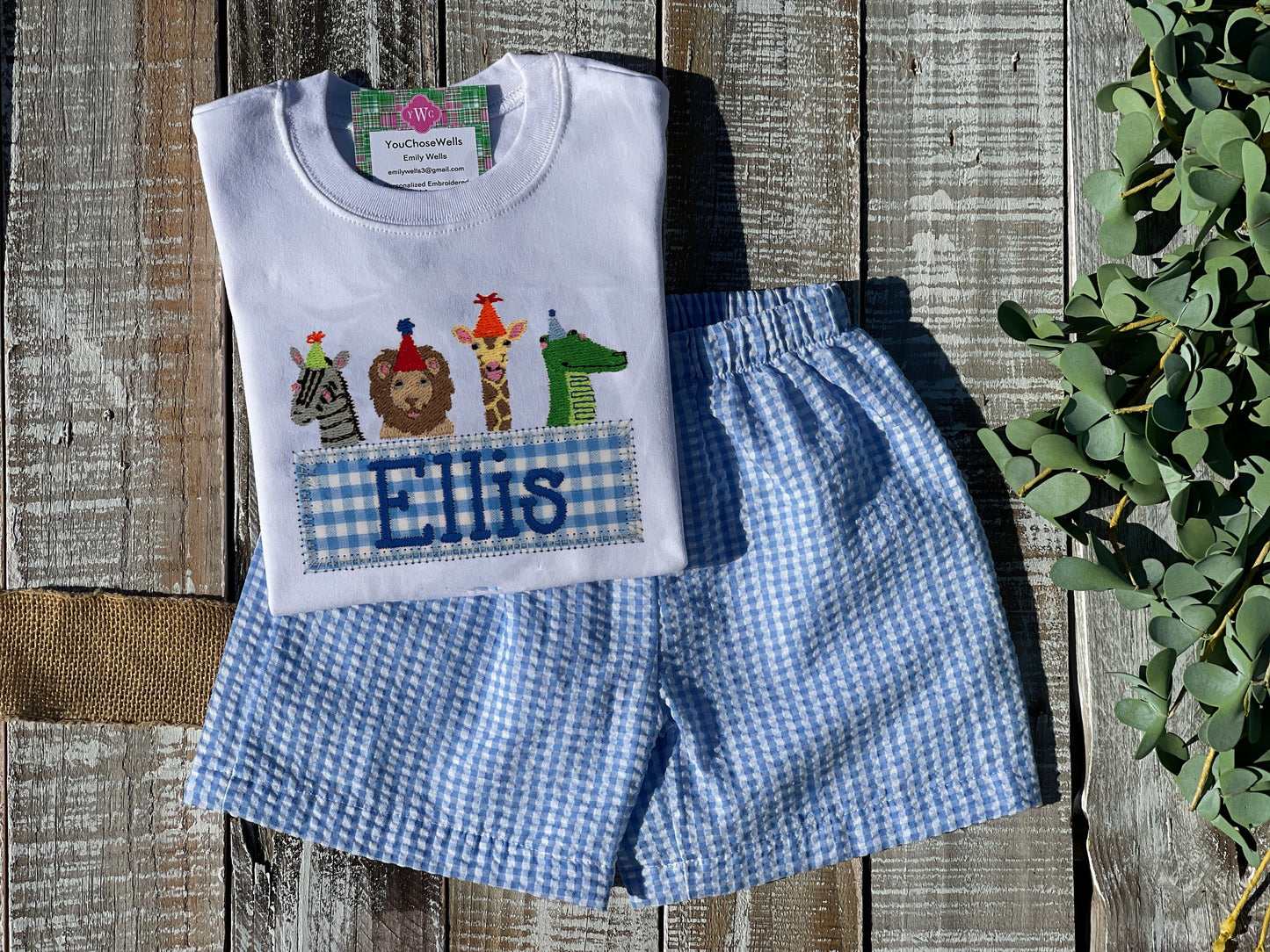 Custom Embroidered, Personalized Zoo Birthday Applique Shirt and Seersucker Gingham Short Set