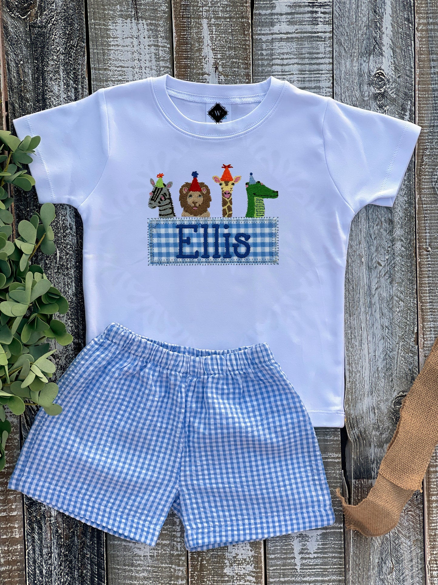 Custom Embroidered, Personalized Zoo Birthday Applique Shirt and Seersucker Gingham Short Set