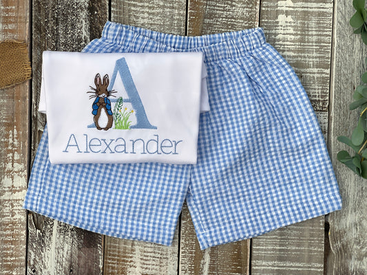 Custom Embroidered, Monogrammed, Personalized Peter Rabbit Letter Shirt and Blue Seersucker Gingham Short Set