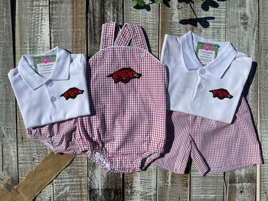 Custom Embroidered, Monogrammed, Personalized Hog Windowpane Bubble, Polo Shirt and Short Set, Polo Shirt and Bloomer Set
