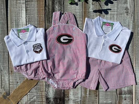 Custom Embroidered, Personalized Game Day G and Bulldog Windowpane Bubble, Polo Shirt and Short Set, and Polo Shirt and Bloomer Set