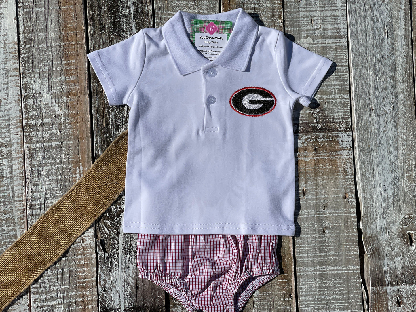 Custom Embroidered, Personalized Game Day G and Bulldog Windowpane Bubble, Polo Shirt and Short Set, and Polo Shirt and Bloomer Set