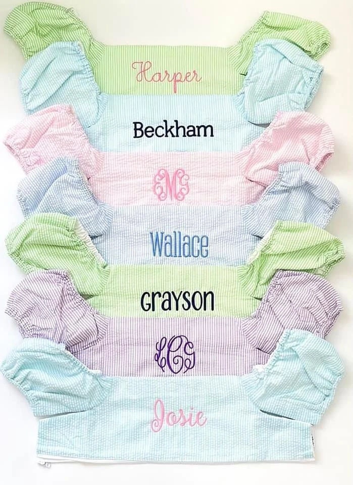 Custom Embroidered, Personalized, Monogrammed Seersucker Towel and Seersucker Puddle Jumper