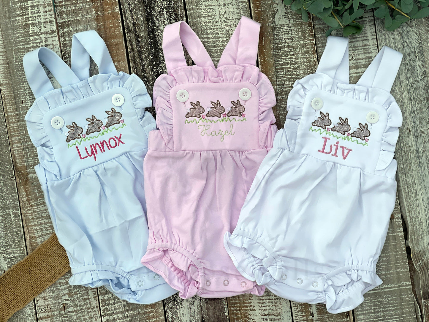 Custom Embroidered, Monogrammed, Personalized Bunny Running Trio Sketch Ruffle Pink, White, or Blue Bubble