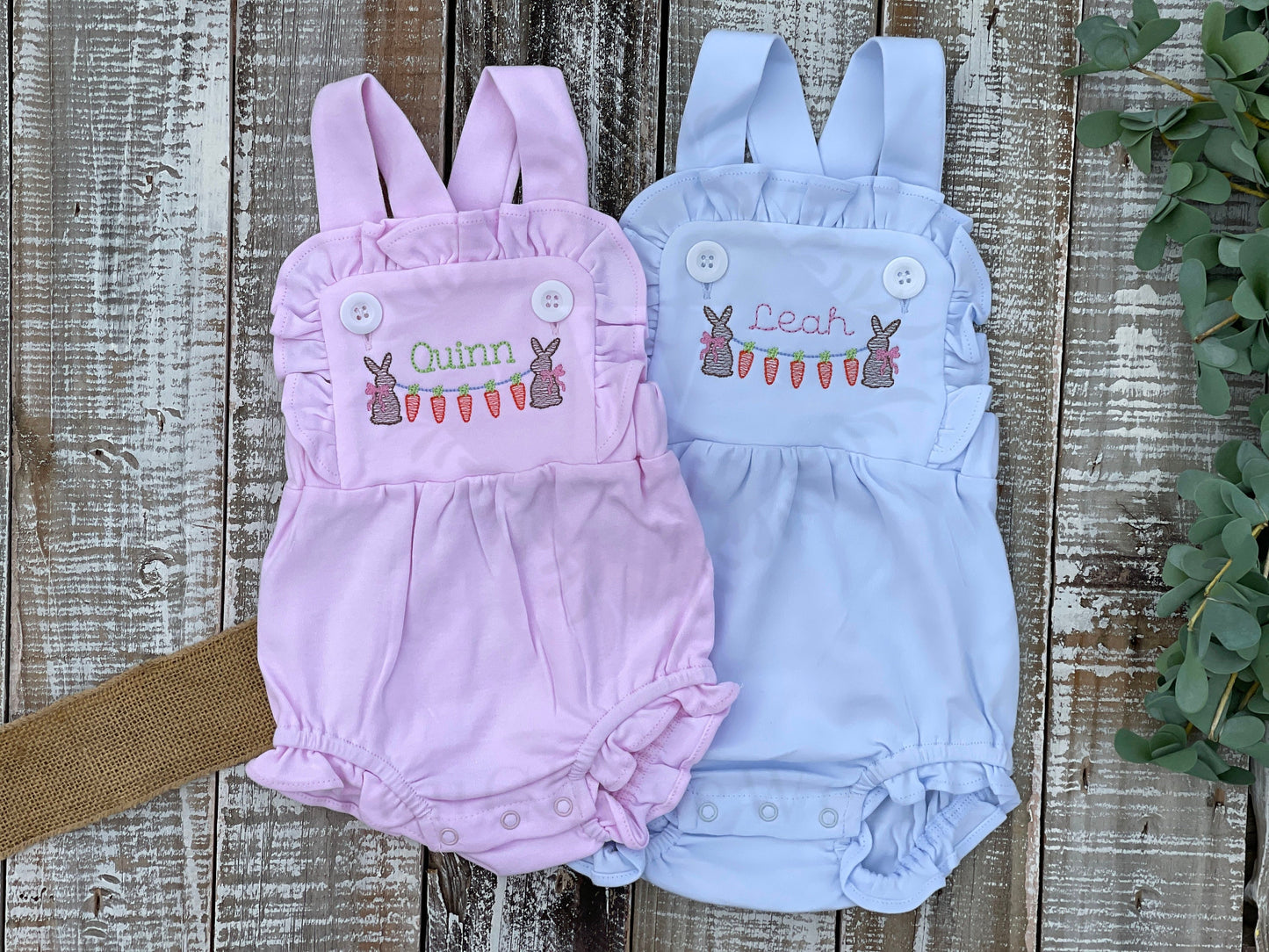 Custom Embroidered, Monogrammed, Personalized Bunny Carrot Sketch Frame Ruffle Pink, White, or Blue Bubble