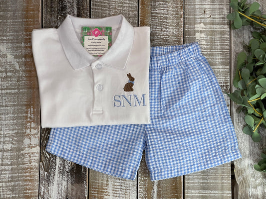 Custom Embroidered, Monogrammed, Personalized Spring Polo and Blue Seersucker Gingham Short Set
