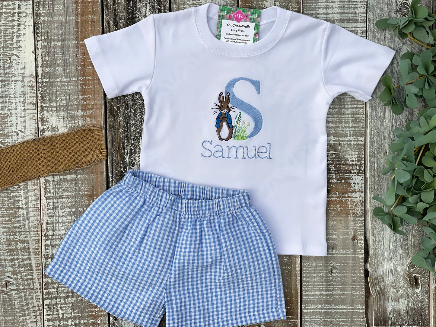 Custom Embroidered, Monogrammed, Personalized Peter Rabbit Letter Shirt and Blue Seersucker Gingham Short Set