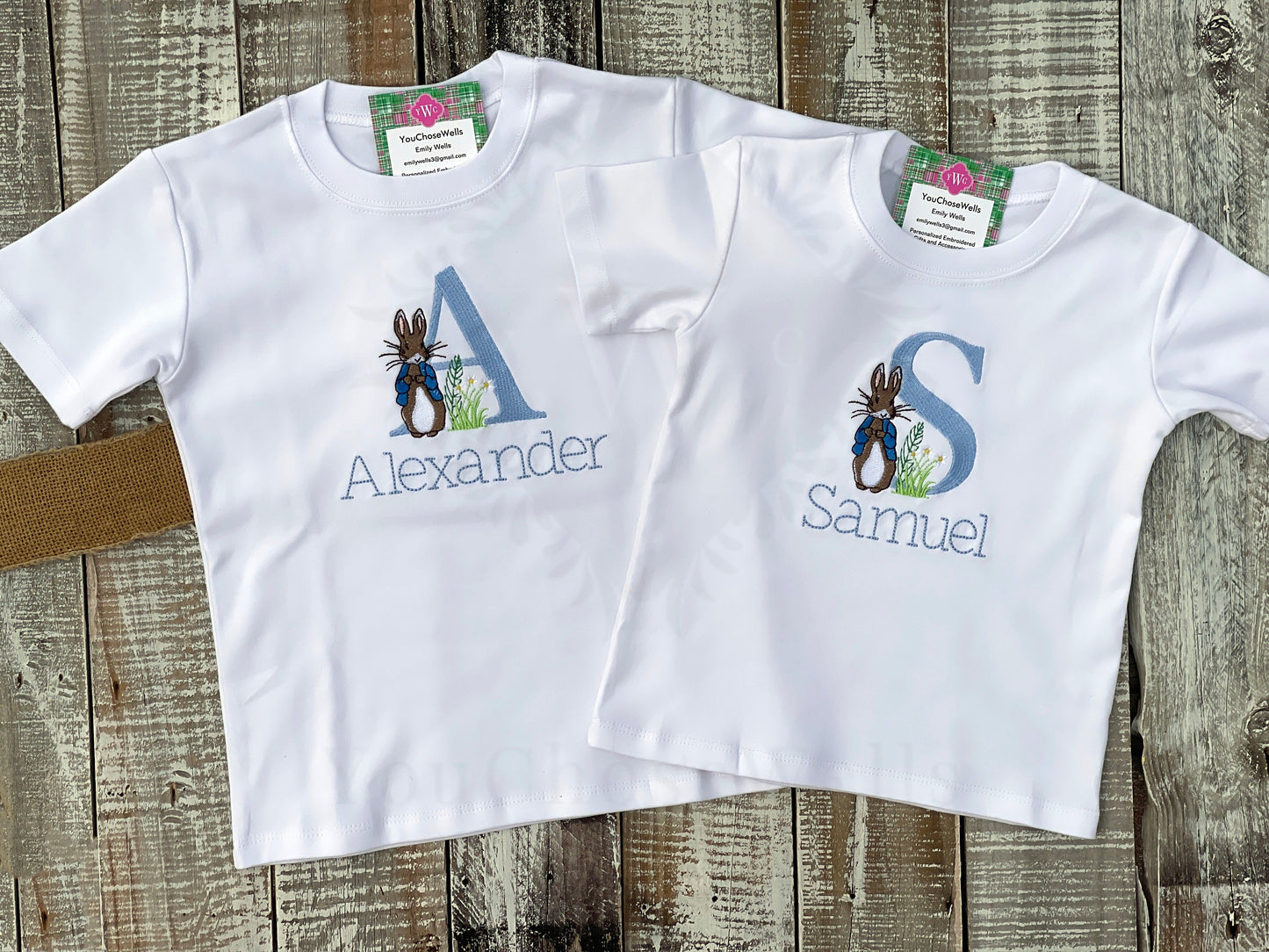 Custom Embroidered, Monogrammed, Personalized Peter Rabbit Letter Shirt and Blue Seersucker Gingham Short Set