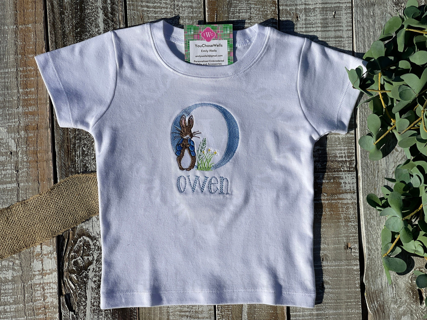 Custom Embroidered, Monogrammed, Personalized Peter Rabbit Letter Shirt and Blue Seersucker Gingham Short Set