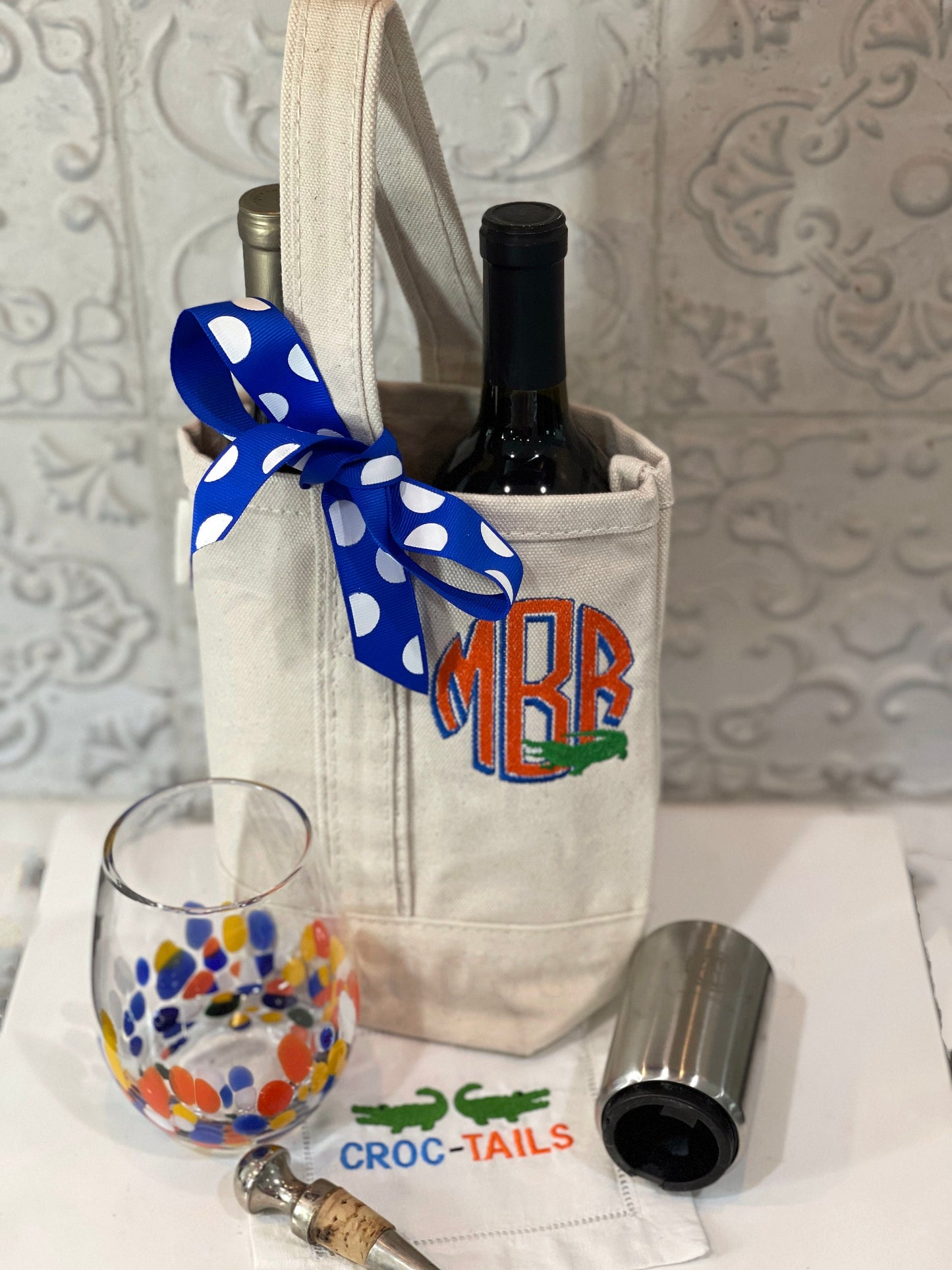 Custom Embroidered, Personalized, Monogrammed 2 Bottle Wine Canvas Tote Bag