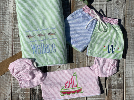 Custom Embroidered, Personalized, Monogrammed Seersucker Towel and Seersucker Puddle Jumper