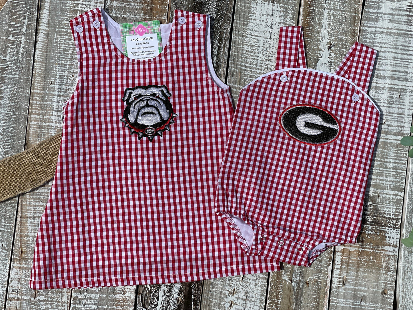 Custom Embroidered, Personalized Game Day G or Bulldog Red Gingham Bubble, Jon Jon, Jumper Dress, and Polo Shirt and Short Set