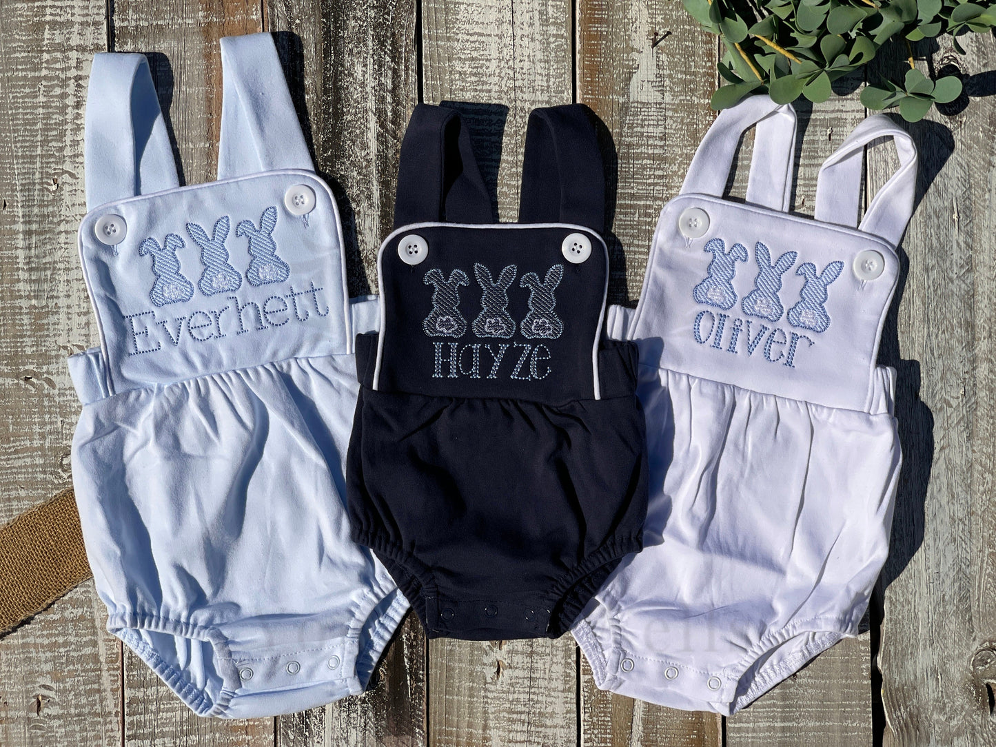 Custom Embroidered, Monogrammed, Personalized Bunny Trio Sketch Navy, White, or Blue Bubble