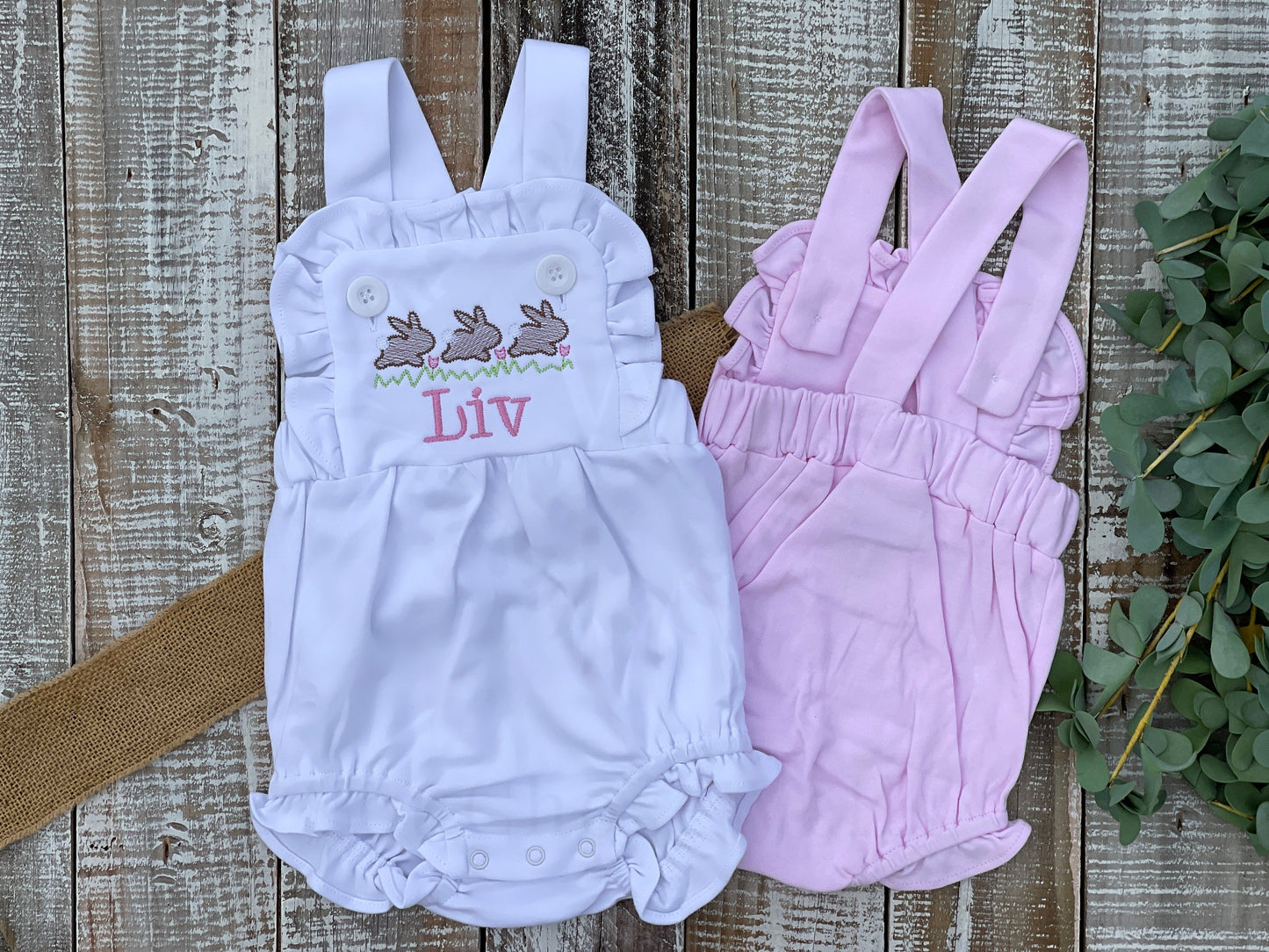 Custom Embroidered, Monogrammed, Personalized Bunny Running Trio Sketch Ruffle Pink, White, or Blue Bubble