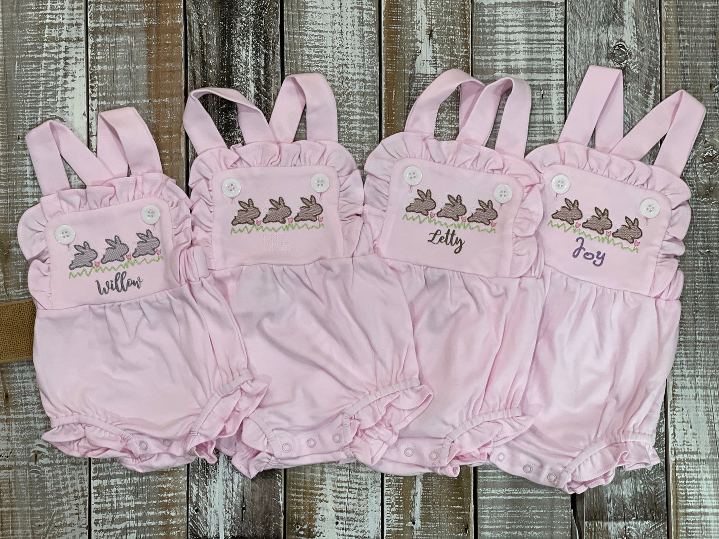 Custom Embroidered, Monogrammed, Personalized Bunny Running Trio Sketch Ruffle Pink, White, or Blue Bubble