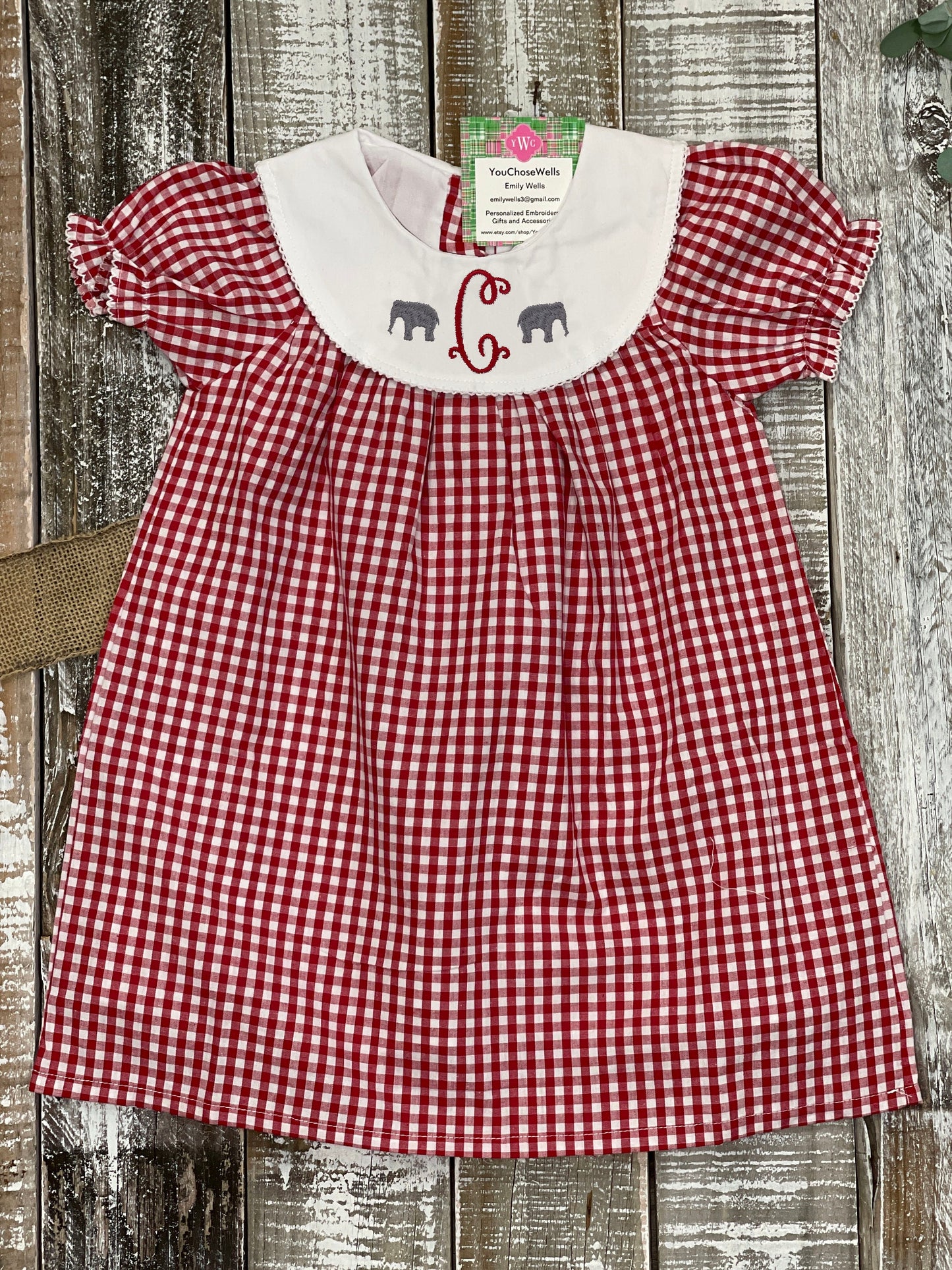 Girl, Monogrammed Alabama Dress, Bishop Dress, University of Alabama Dress, Alabama Girl, Game Day Outfit, Roll Tide, Red Gingham Dress