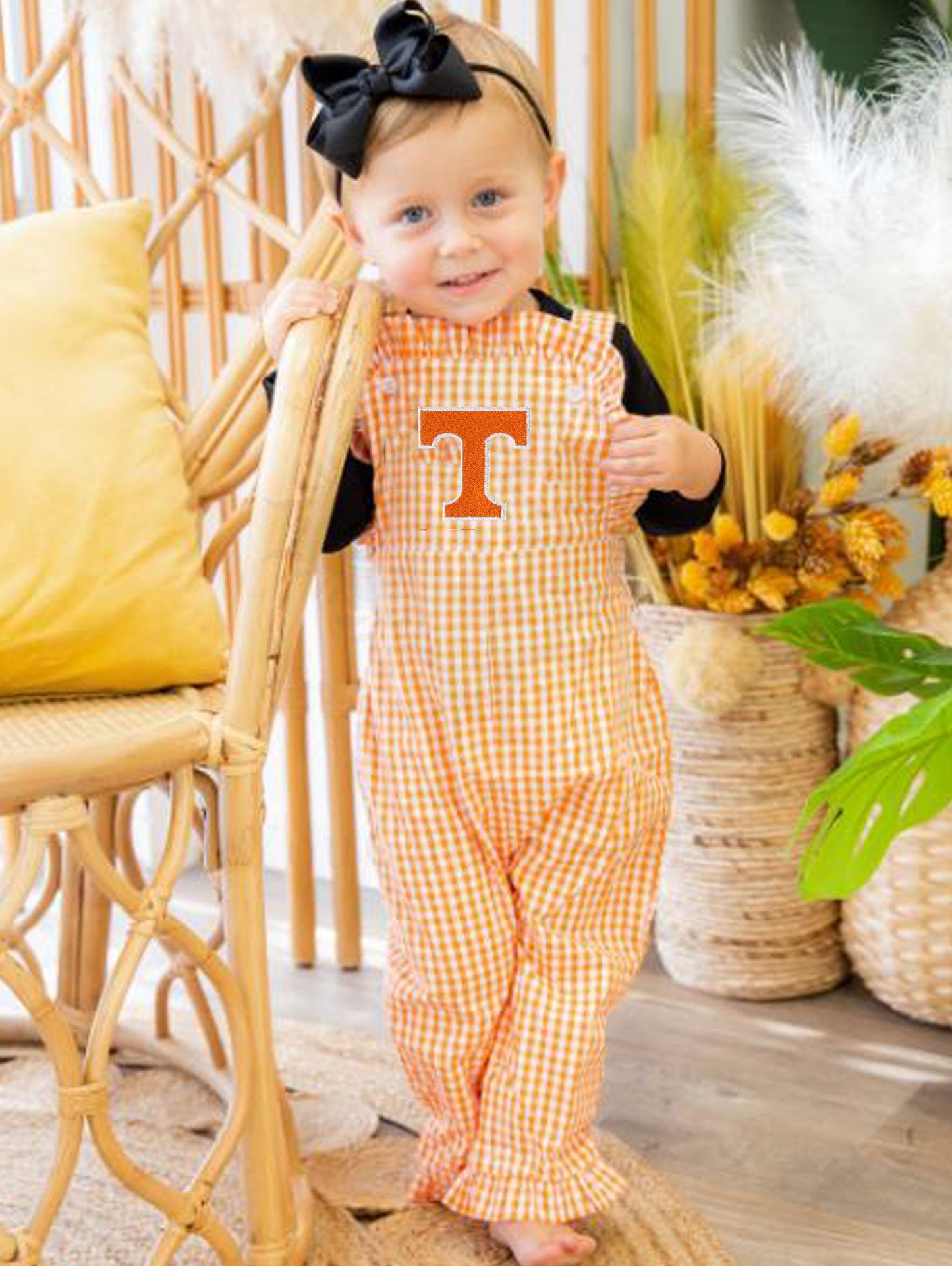 Custom Embroidered, Personalized T Game Day Orange Gingham Longall, Ruffle Longall, and Jumper Dress