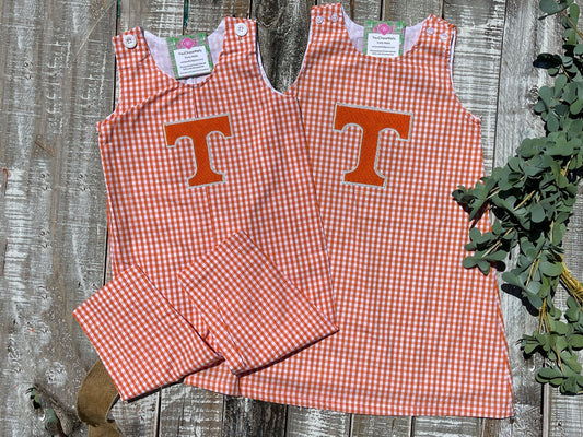 Custom Embroidered, Personalized T Game Day Orange Gingham Longall, Ruffle Longall, and Jumper Dress