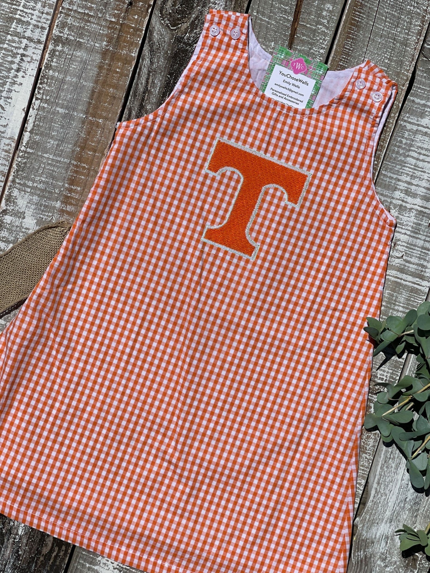 Custom Embroidered, Personalized T Game Day Orange Gingham Longall, Ruffle Longall, and Jumper Dress