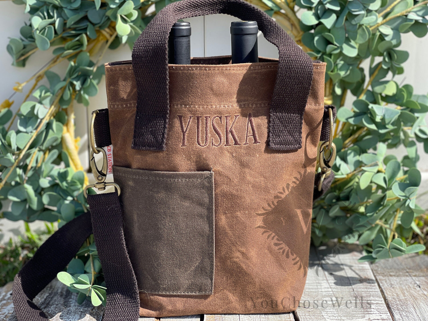 Custom Embroidered, Personalized, Monogrammed Waxed Wine Canvas Tote Bag