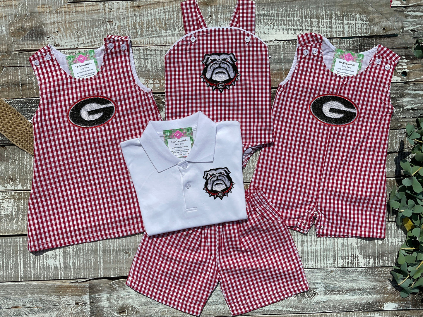 Custom Embroidered, Personalized Game Day G or Bulldog Red Gingham Bubble, Jon Jon, Jumper Dress, and Polo Shirt and Short Set