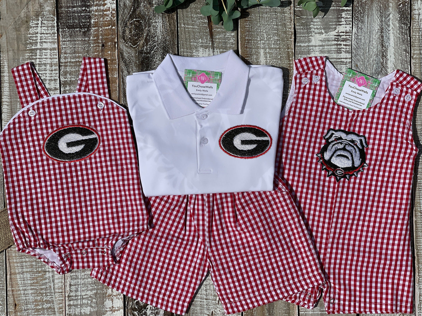 Custom Embroidered, Personalized Game Day G or Bulldog Red Gingham Bubble, Jon Jon, Jumper Dress, and Polo Shirt and Short Set