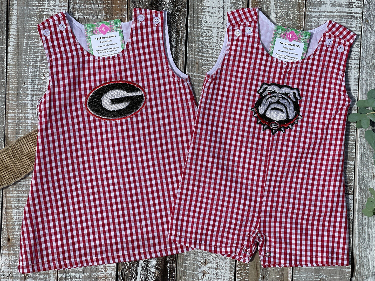 Custom Embroidered, Personalized Game Day G or Bulldog Red Gingham Bubble, Jon Jon, Jumper Dress, and Polo Shirt and Short Set