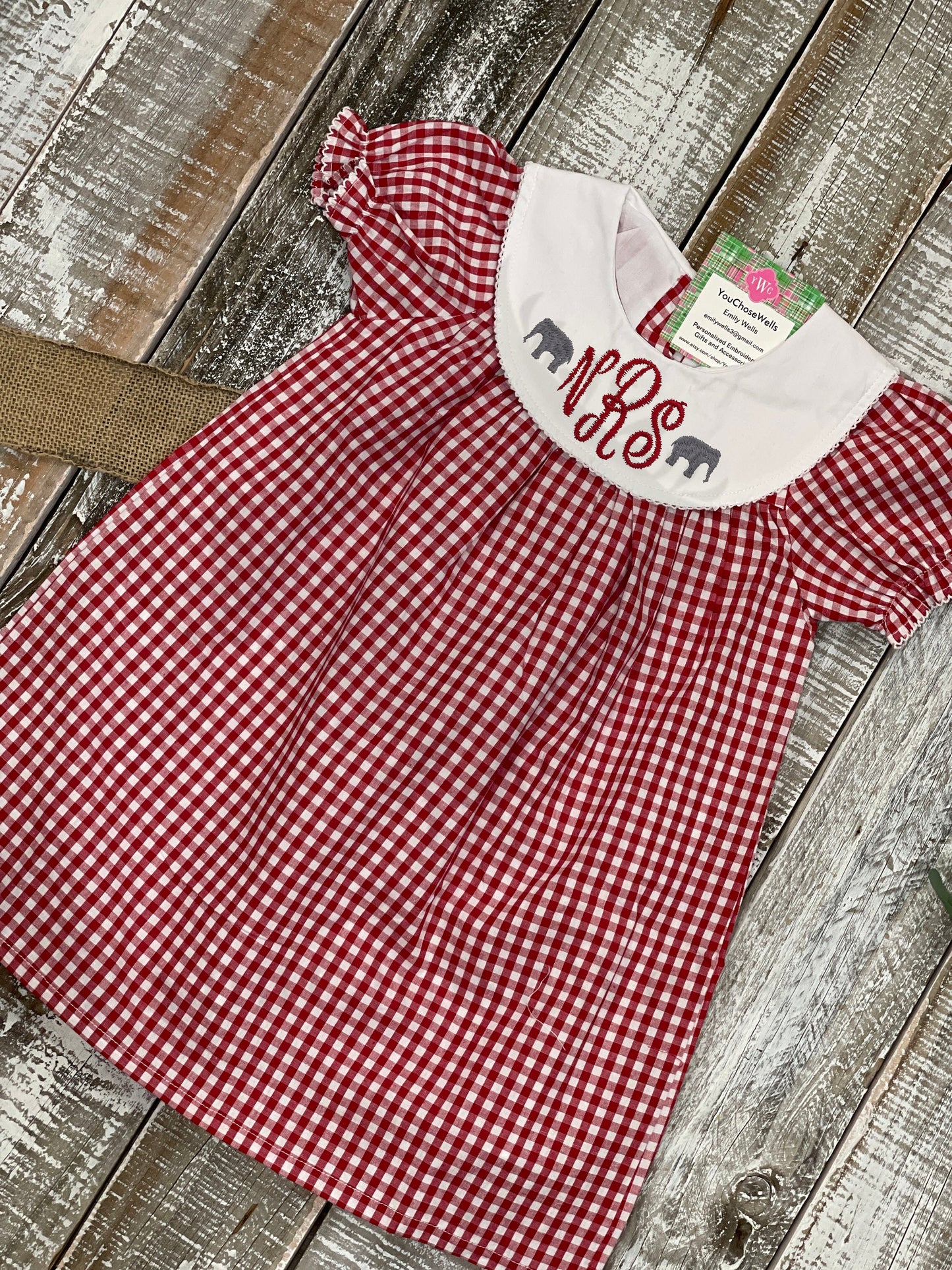 Girl, Monogrammed Alabama Dress, Bishop Dress, University of Alabama Dress, Alabama Girl, Game Day Outfit, Roll Tide, Red Gingham Dress