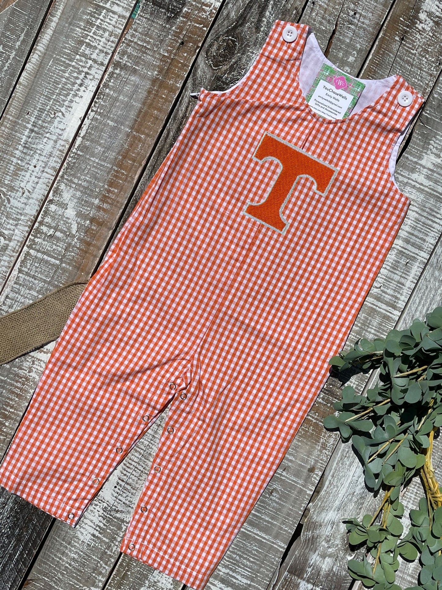 Custom Embroidered, Personalized T Game Day Orange Gingham Longall, Ruffle Longall, and Jumper Dress