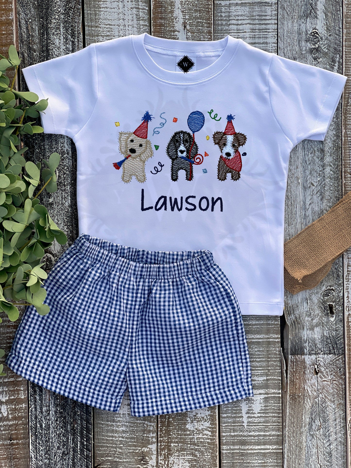 Personalized Boy Birthday Outfit, Custom Birthday Shirt and Short Set, Birthday Puppy Shirt, Baby Boy, Navy, Red, Blue Gingham Short Set