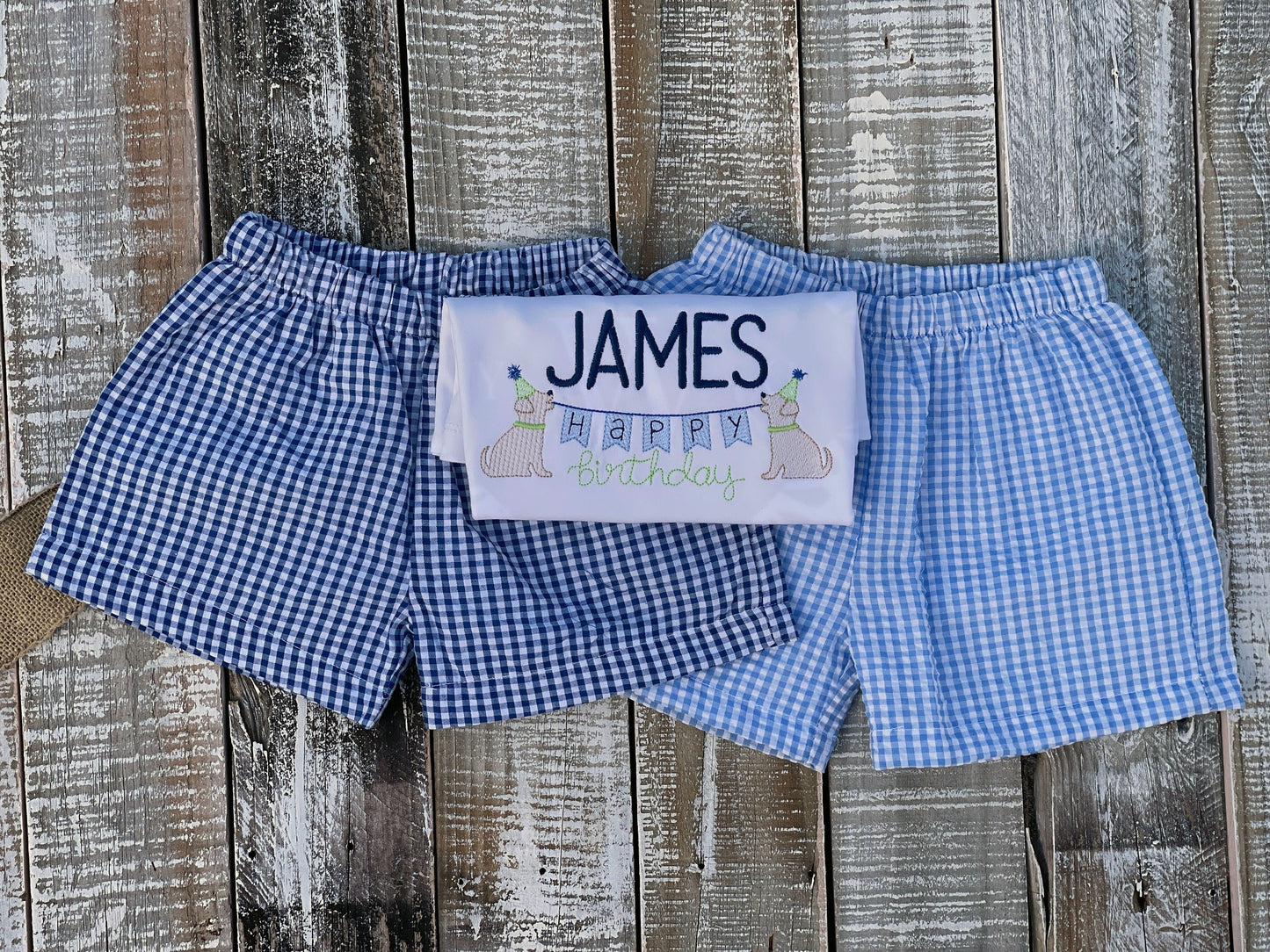 Personalized Boy Birthday Outfit, Custom Birthday Shirt and Short Set, Birthday Puppy Frame Shirt, Baby Boy, Navy, Blue Gingham Short Set