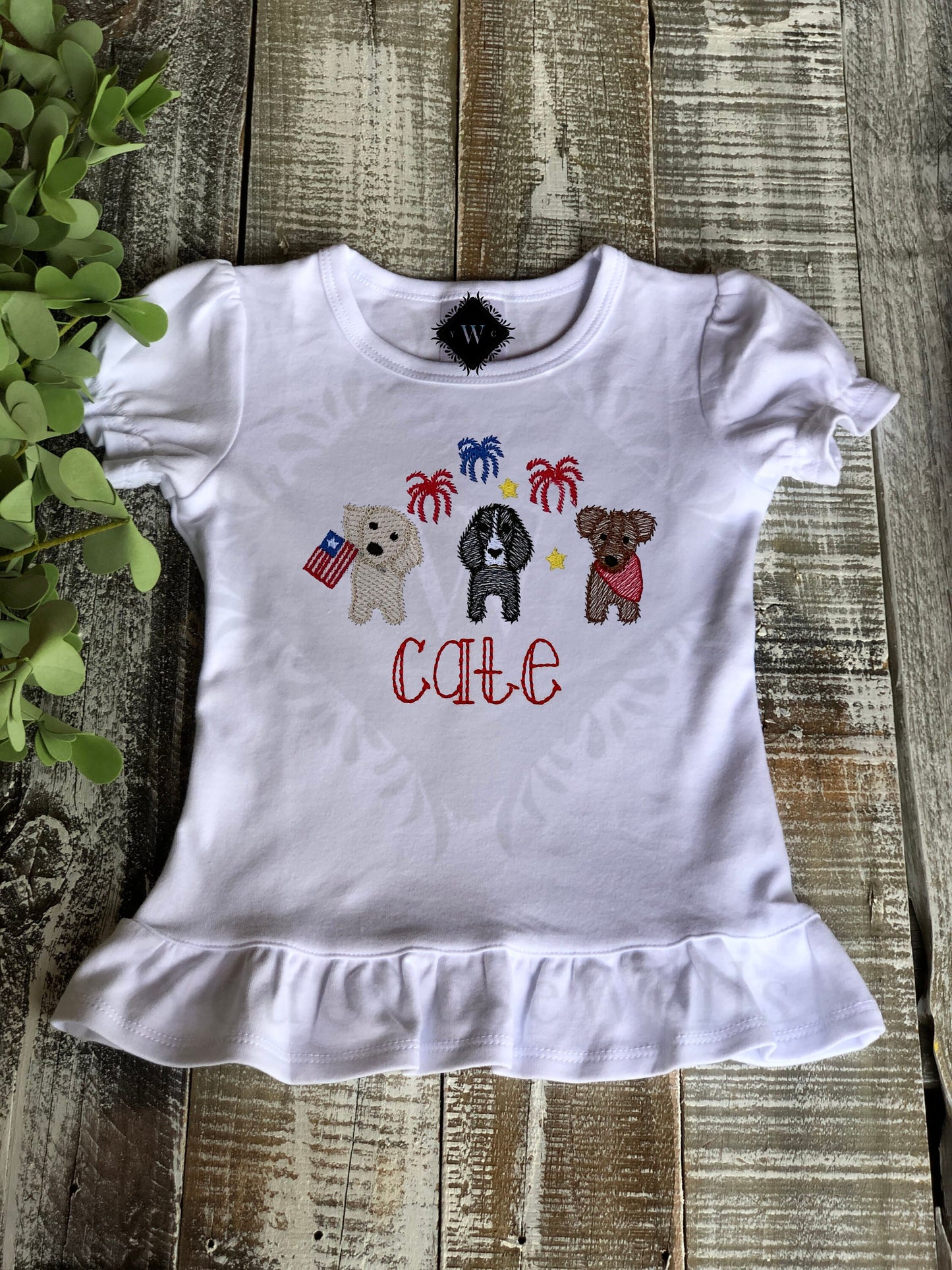 Custom, Embroidered, Monogrammed, Personalized Patriotic Dog Trio Sketch Ruffle Shirt and Red Gingham Seersucker Short Set