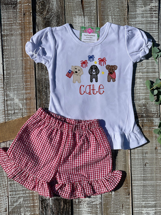 Custom, Embroidered, Monogrammed, Personalized Patriotic Dog Trio Sketch Ruffle Shirt and Red Gingham Seersucker Short Set