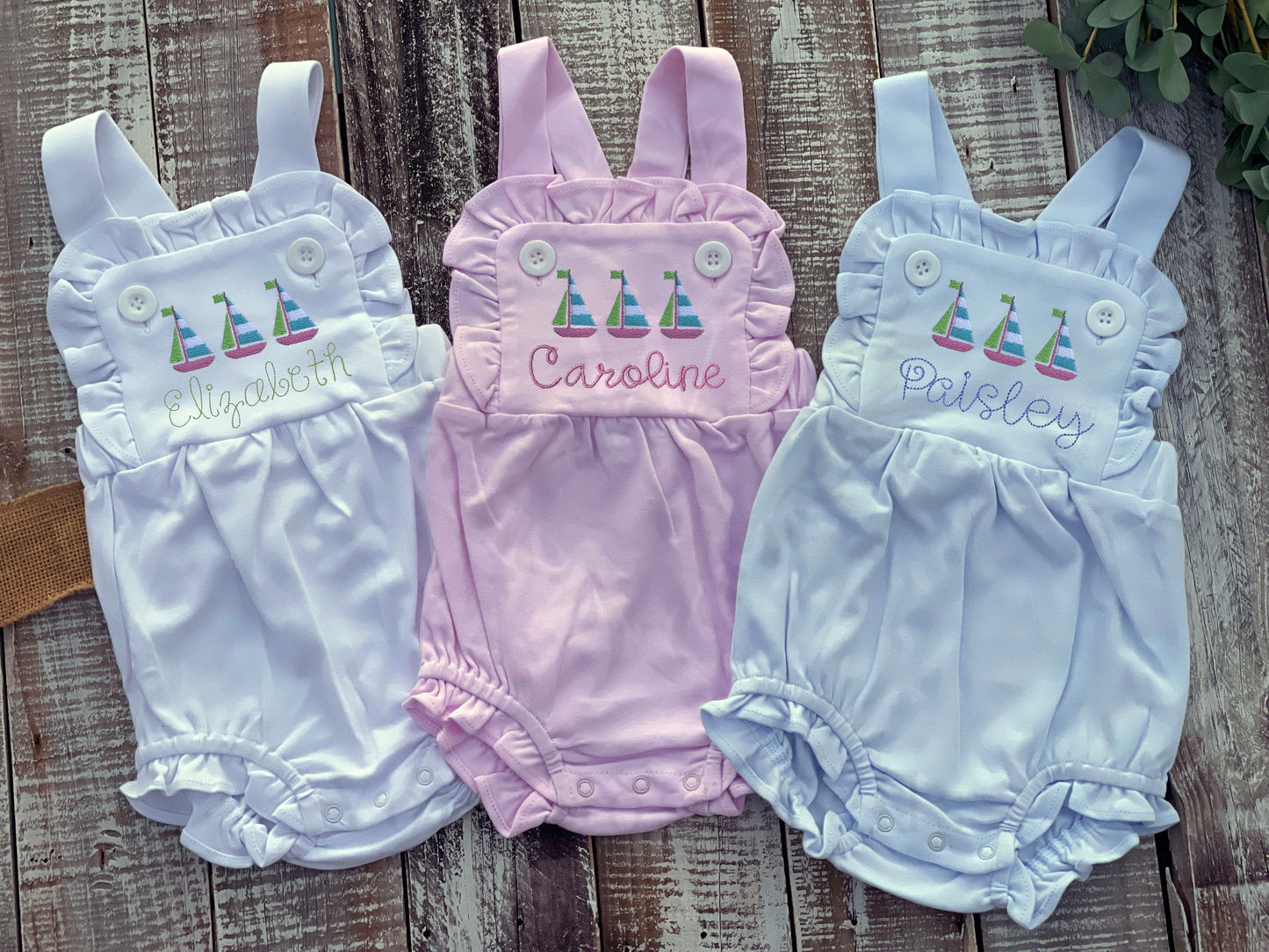 Custom Embroidered, Personalized Sailboat Trio Ruffle Pink, White and Blue Bubble