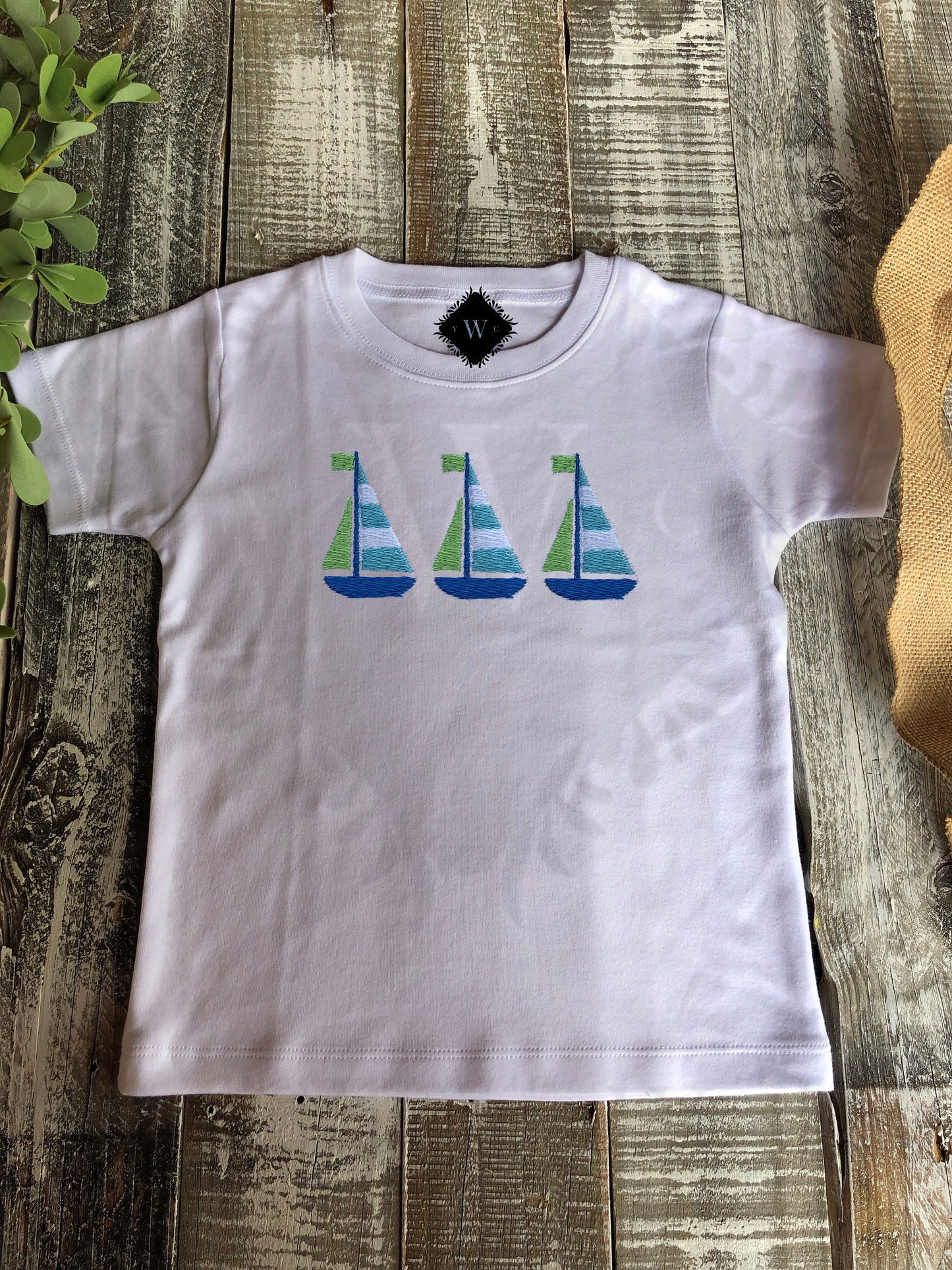 Custom Embroidered, Monogrammed, Personalized Sailboat Trio Aqua Seersucker Swing Back Set and Shirt and Short Set