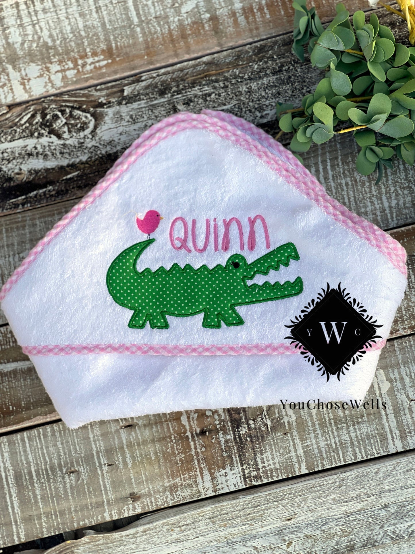 Baby Boy, Baby Girl Monogrammed Gingham Trim Hooded Towel, Custom, Personalized Bath Towel, Gingham Towel, Swim Towel, Baby Hooded Towel