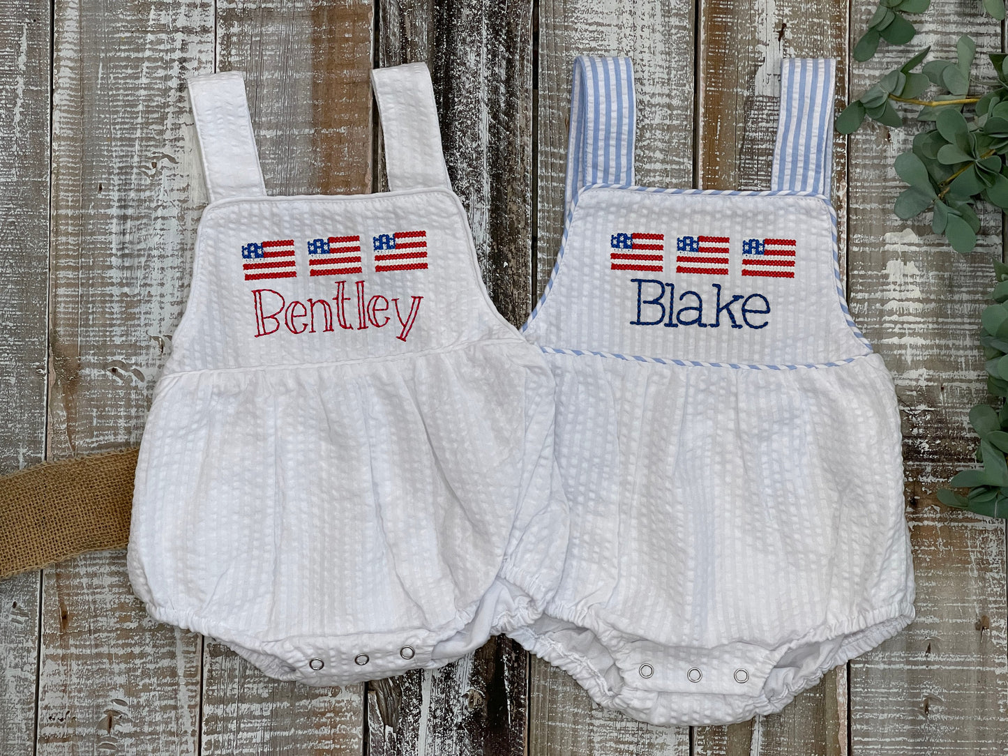 Custom Embroidered, Monogrammed, Personalized American Flag Cross Stitch Trio Seersucker Bubble with Seersucker Trim