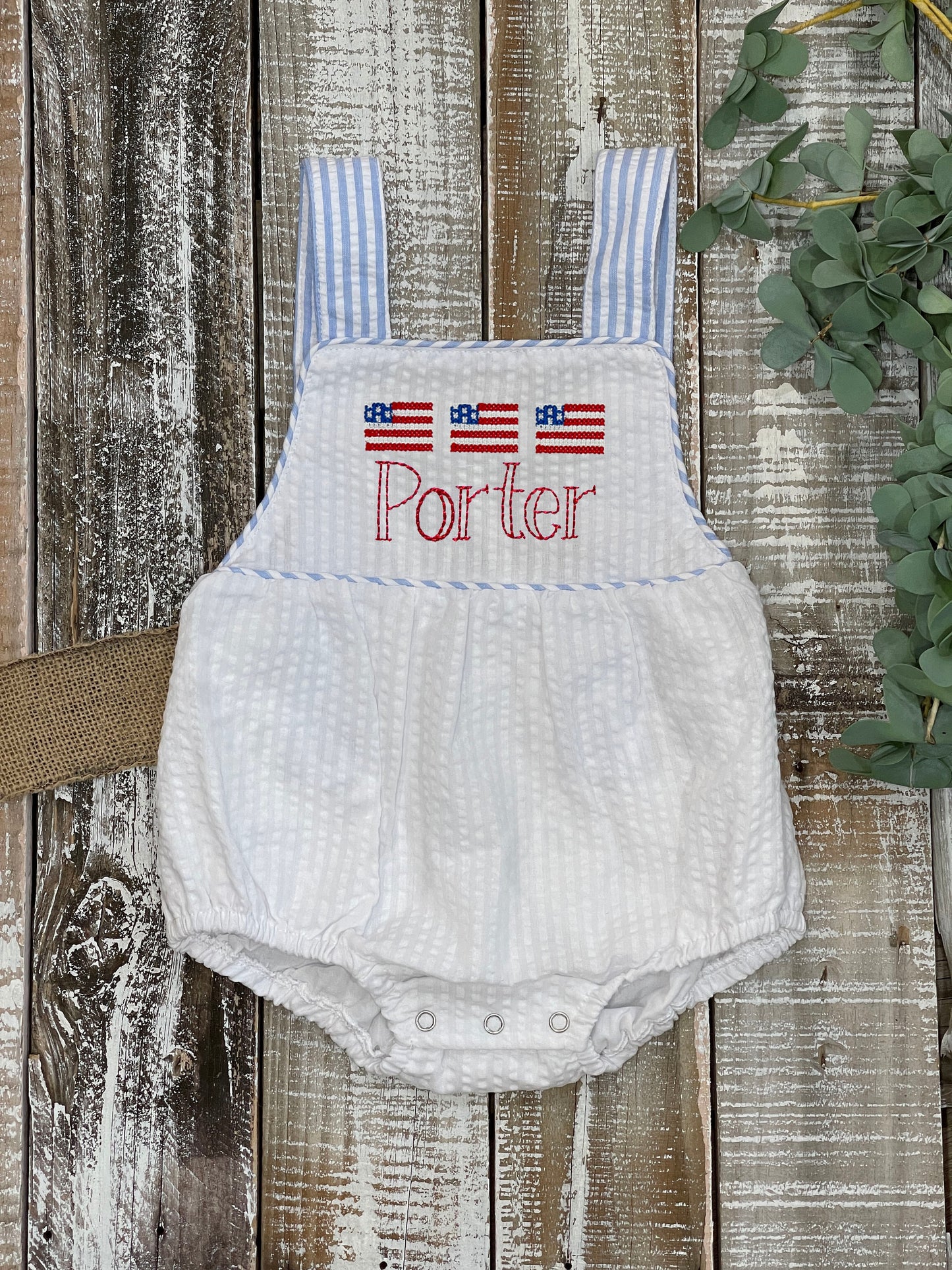 Custom Embroidered, Monogrammed, Personalized American Flag Cross Stitch Trio Seersucker Bubble with Seersucker Trim