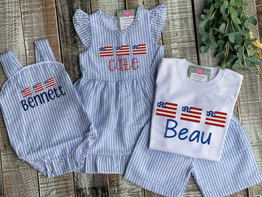 Custom, Embroidered, Monogrammed, Personalized American Flag Cross Stitch Trio Light Blue Seersucker Bubble, Jon Jon, Flutter Dress, Shirt and Short Set