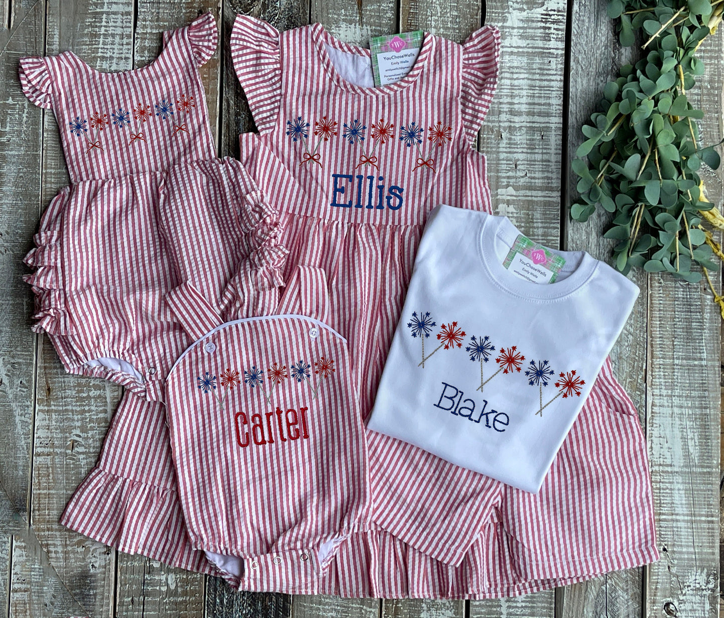 Custom Embroidered, Monogrammed, Personalized Sparkler Trio Red Seersucker Bubble, Flutter Dress, Shirt Short Set, Ruffle Bubble