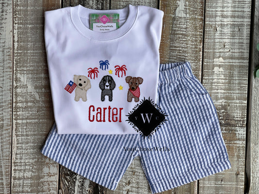 Custom Embroidered, Monogrammed, Personalized Patriotic Dog Trio Sketch Shirt and Navy Seersucker Short Set