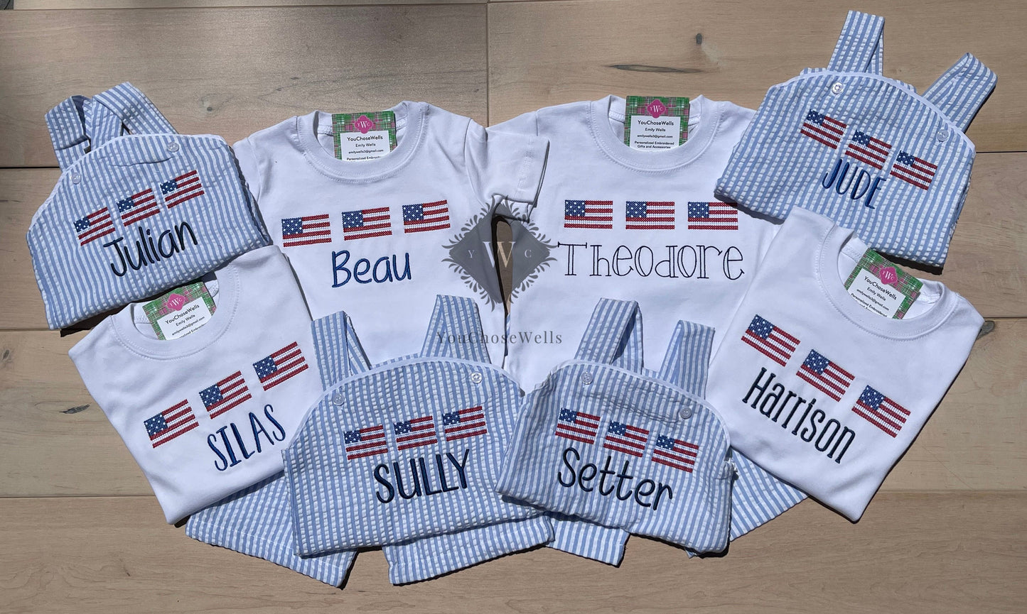 Custom, Embroidered, Monogrammed, Personalized American Flag Cross Stitch Trio Light Blue Seersucker Bubble, Jon Jon, Flutter Dress, Shirt and Short Set