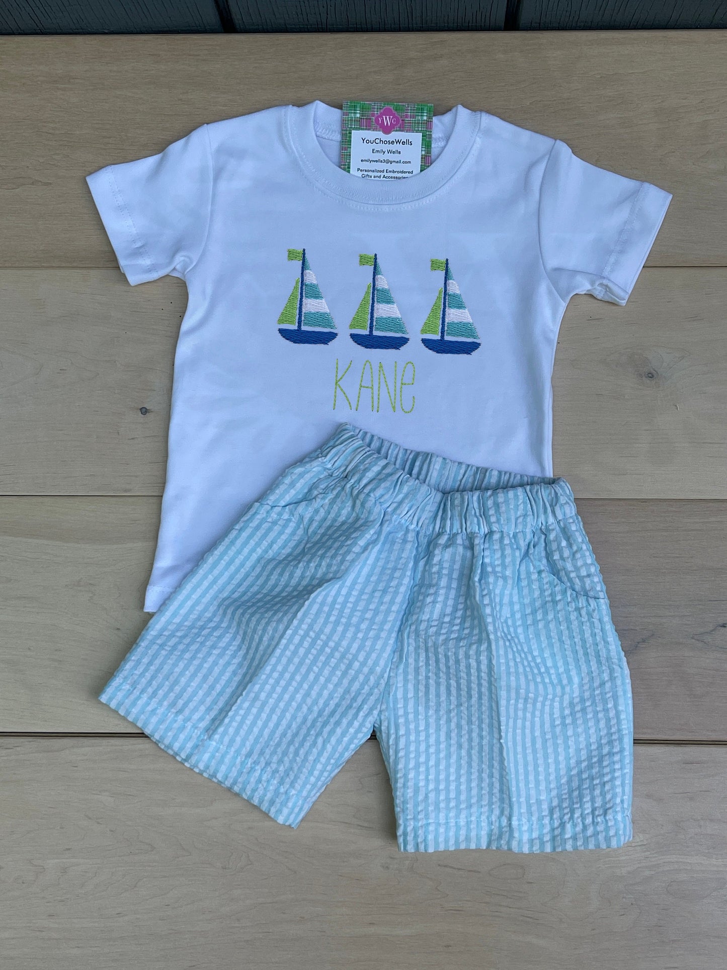 Custom Embroidered, Monogrammed, Personalized Sailboat Trio Aqua Seersucker Swing Back Set and Shirt and Short Set