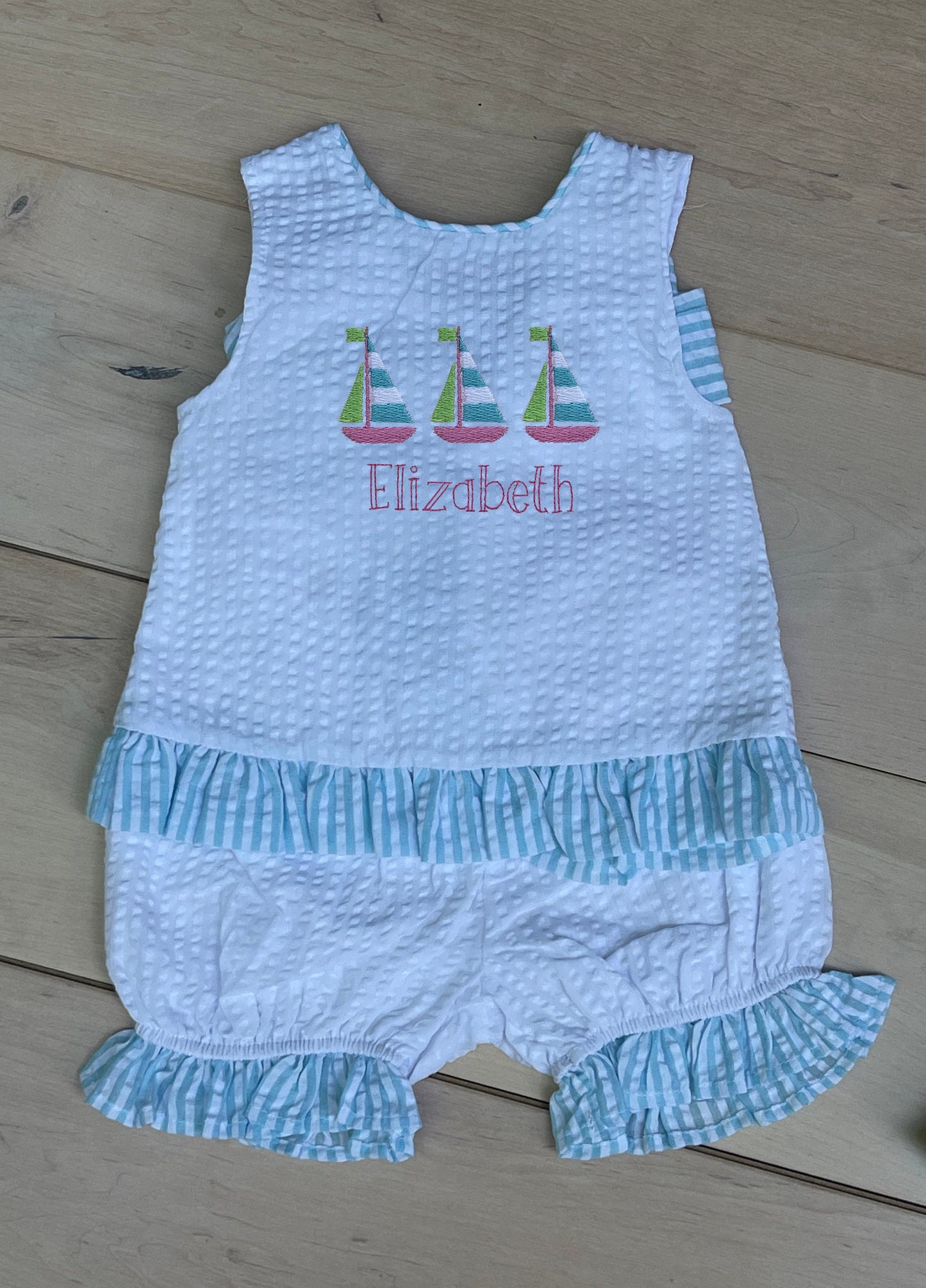 Custom Embroidered, Monogrammed, Personalized Sailboat Trio Aqua Seersucker Swing Back Set and Shirt and Short Set