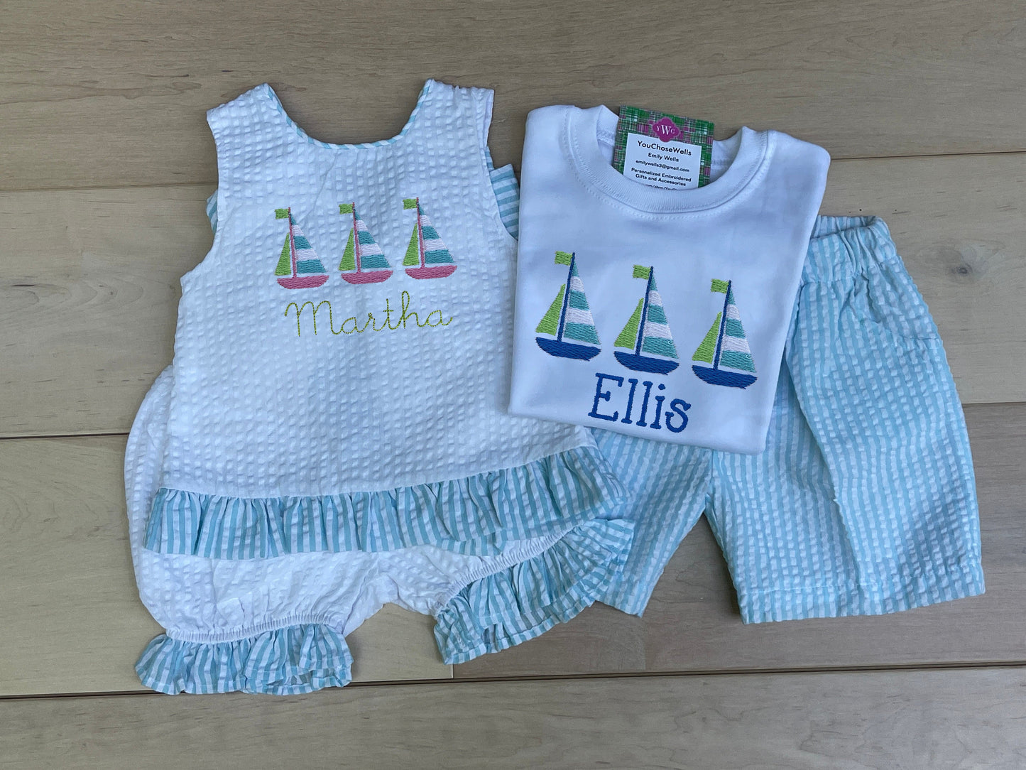 Custom Embroidered, Monogrammed, Personalized Sailboat Trio Aqua Seersucker Swing Back Set and Shirt and Short Set